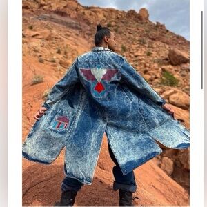 pioneer wear vistas de santa fe denim duster w/ thunderbird design